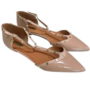 Halogen Olson Point Toe Studded T-Strap Patent Leather Flats SZ 12 Beige Nude